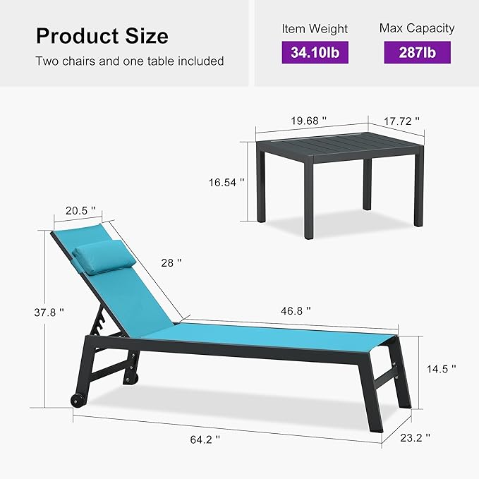 PURPLE LEAF Outdoor Lounge Chair Set of 3 Patio Chaise Pool Lounger Aluminum Frame with Side Table and Wheels for Outside Sunbathing Tanning Recliner Including Pillows Turquoise Blue