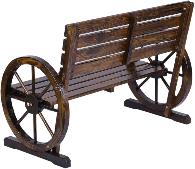 Patio Garden Wooden Wagon Wheel Bench, Rustic Wood Design Outdoor Wagon Wheel Bench Outdoor Furniture Decor (Tan Color)