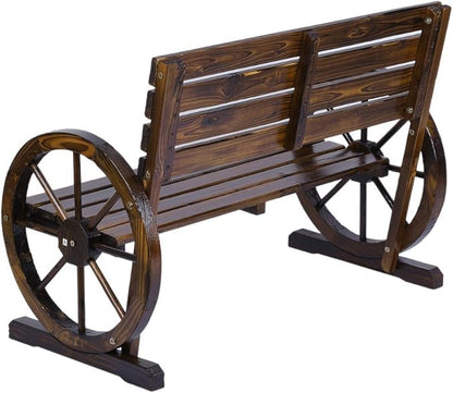 Patio Garden Wooden Wagon Wheel Bench, Rustic Wood Design Outdoor Wagon Wheel Bench Outdoor Furniture Decor (Tan Color)