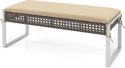 HAPPYGRILL Patio Rattan Loveseat Bench Ottoman, 43 Inch Outdoor Seat with Metal Legs & Seat Cushion, Wicker Footstool Seating Furniture for Backyard, Poolside, Front Porch (1)