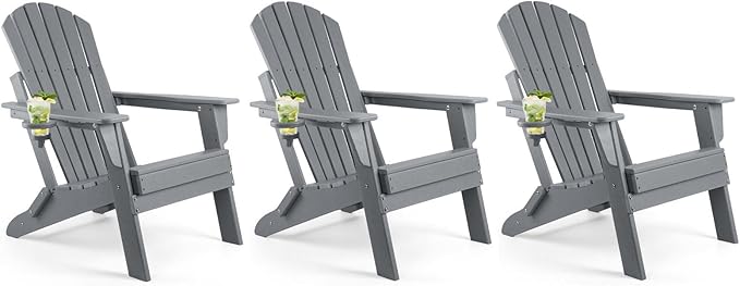 FUNBERRY Folding Adirondack Chair Set of 3, All Weather HDPE Fire Pit Chairs with Cup Holder for Outdoor