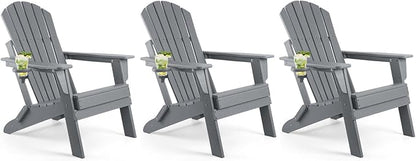 FUNBERRY Folding Adirondack Chair Set of 3, All Weather HDPE Fire Pit Chairs with Cup Holder for Outdoor