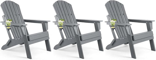 FUNBERRY Folding Adirondack Chair Set of 3, All Weather HDPE Fire Pit Chairs with Cup Holder for Outdoor