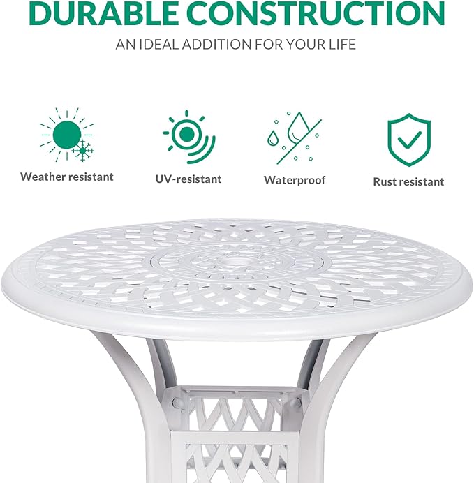 VIVIJASON 31" Patio Bistro Table Outdoor Dining Round Table White Cast Aluminum Table with Umbrella Hole