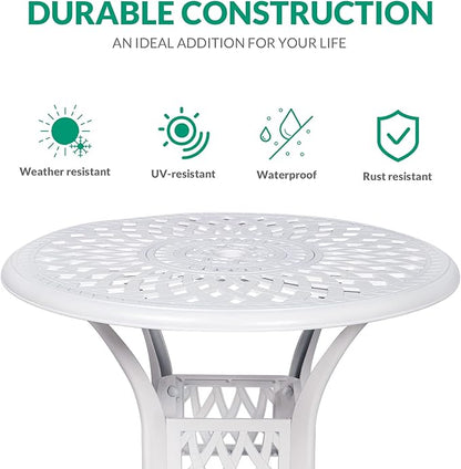 VIVIJASON 31" Patio Bistro Table Outdoor Dining Round Table White Cast Aluminum Table with Umbrella Hole