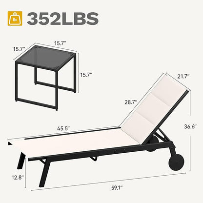 DWVO Outdoor Chaise Lounge Set, 2 Patio Chaise Lounge Chairs with Side Table, Padded Textile Pool Loungers with 5-Level Backrest and Wheels for Beach, Lawn, Porch, Garden (Beige)
