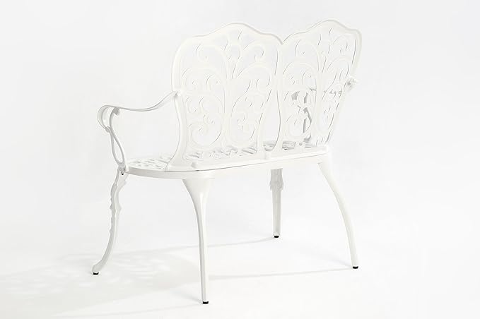 Patio Garden Bench Metal Park Bench Cast Aluminum Outdoor Furniture with Floral Rose for Patio,Park,Lawn,Yard White