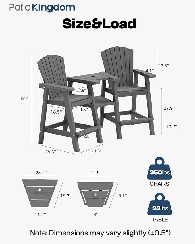 Tall Adirondack Chairs Set of 2 with Removable Tray, HDPE Bar Height Adirondack Bar Stools, High Back Patio Chairs for Balcony, Deck, Lawn, Backyard, All-Weather Outdoor Furniture, Gray