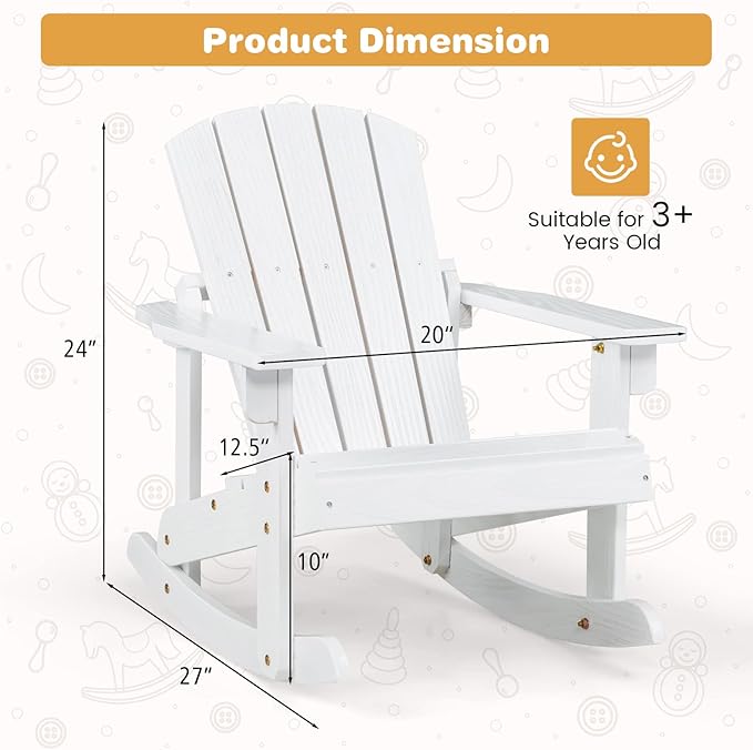 Giantex Wooden Adirondack Rocking Chairs Set of 2 - Kids Outdoor Rocker with Slatted seat, Smooth Rocking Feet, 300LBS Weight Capacity, Porch Rocking Chair for Balcony, Backyard, Poolside (2, White)