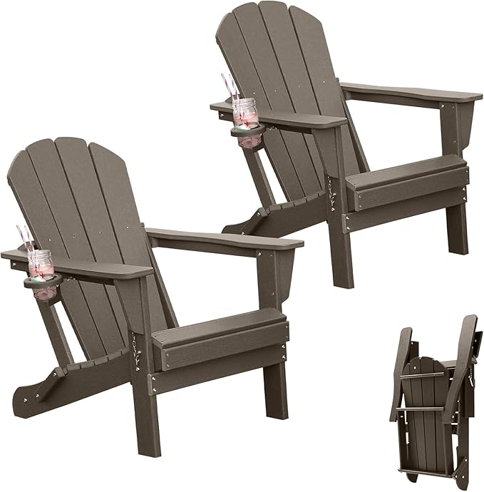 GOWE Adirondack Chairs Set of 2, Plastic Adirondack Chair, Adirondack Chairs, HDPE Adirondack Chair, Folding Adirondack Chairs, Outdoor Chairs with Cup Holder for Lawn Patio Deck Fire Pit -Brown