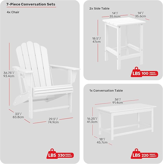Costaelm Lakeview 7-Piece HDPE Outdoor Patio Furniture Adirondack Conversation Set, White