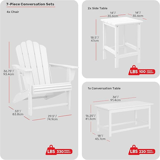 Costaelm Lakeview 7-Piece HDPE Outdoor Patio Furniture Adirondack Conversation Set, White