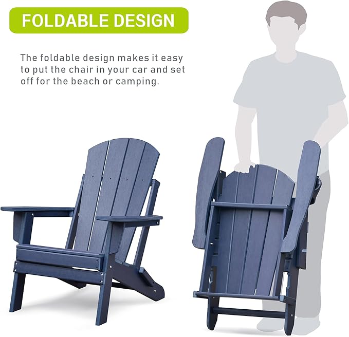 ATR ART TO REAL Folding Adirondack Chairs, HDPE Weather Resistant Outdoor Firepit Chairs with Cup Holder, Patio Folding Chairs for Garden, Lawn, Backyard, Deck, Fire Pit(Navy Blue)
