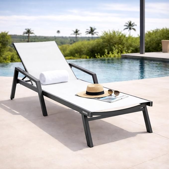 LeisureMod Marlin Patio Chaise Lounge Chair, Adjustable Outdoor Black Aluminum Lounge with Breathable Mesh Sling Back, Lightweight Poolside Reclining Sun Lounger Weather & UV Resistant (White)