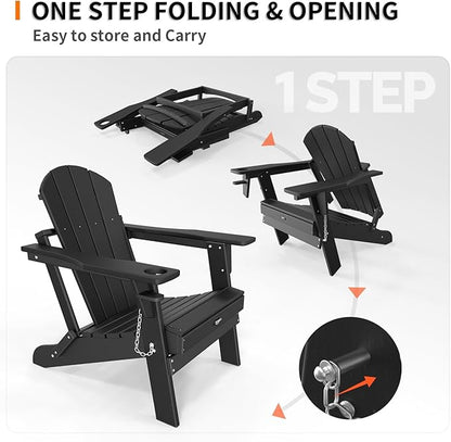 VINGLI Plastic Adirondack Chairs Set of 4, Folding with Cup Holder, Waterproof HDPE Material, Comfortable 380lb Weight Capacity for Outdoor Pool Patio Lounge Chair Lawn Furniture Firepit (Black)
