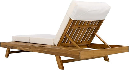 Acacia Wood Chaise Lounge Set with 3-Fold 4" Water-Resistant Cushion & Headrest,4-Position Adjustable Backrest Recliner,Outdoor Lounger Chair for Patio,Garden,Poolside,Balcony,Deck,79" D Cream,Teak