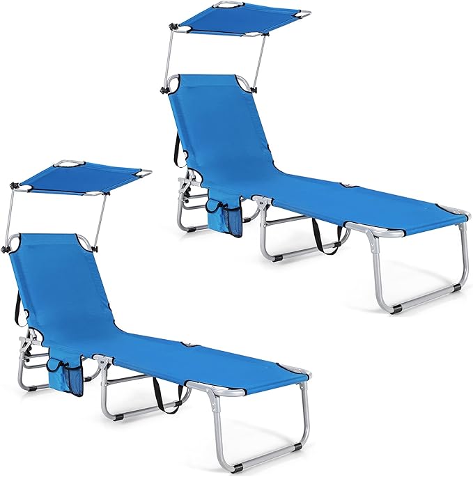 Giantex Outdoor Folding Chaise Lounge, Portable Tanning Chair with 5 Adjustable Positions, 360°Rotatable Canopy Shade - Photo 1