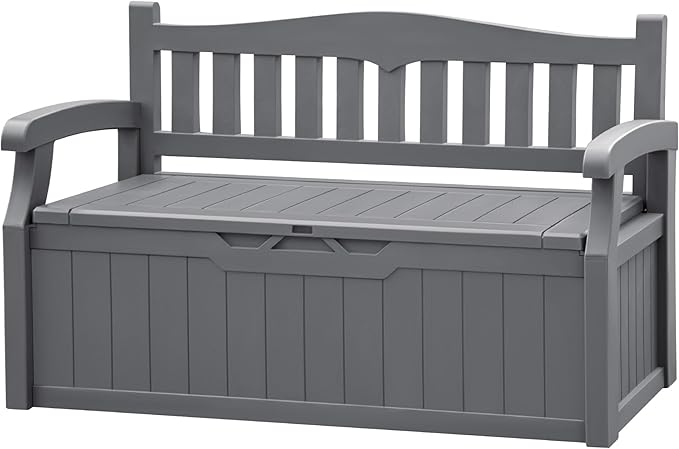 JUMMICO 80 Gallon Resin Outdoor Storage Bench, Large Deck Box with Armrest, Lockable&Waterproof for Garden, Home, Patio, Pools (Grey, 80 Gallon)
