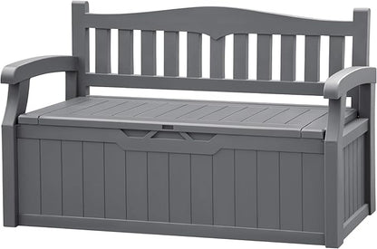 JUMMICO 80 Gallon Resin Outdoor Storage Bench, Large Deck Box with Armrest, Lockable&Waterproof for Garden, Home, Patio, Pools (Grey, 80 Gallon)