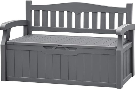 JUMMICO 80 Gallon Resin Outdoor Storage Bench, Large Deck Box with Armrest, Lockable&Waterproof for Garden, Home, Patio, Pools (Grey, 80 Gallon)