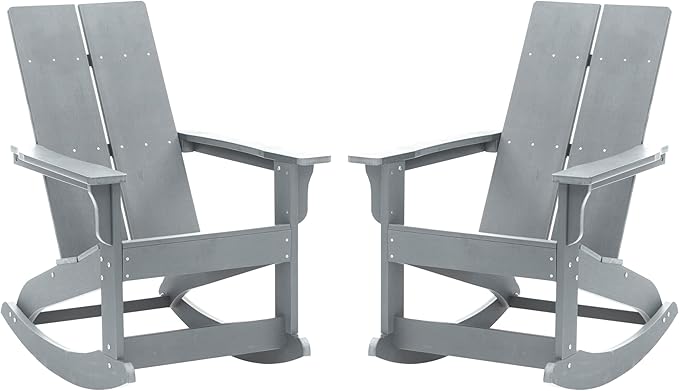 Taylor & Logan Finn Modern All-Weather 2-Slat Poly Resin Rocking Adirondack Chair with Rust Resistant Stainless Steel Hardware in Gray - Set of2