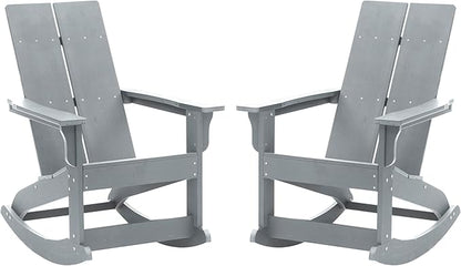 Flash Furniture Finn Modern Commercial Poly Resin Wood Adirondack Rocking Chair - All Weather Gray Polystyrene - Dual Slat Back - Stainless Steel Hardware - Set of 2