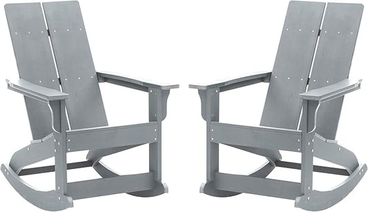 Flash Furniture Finn Modern Commercial Poly Resin Wood Adirondack Rocking Chair - All Weather Gray Polystyrene - Dual Slat Back - Stainless Steel Hardware - Set of 2