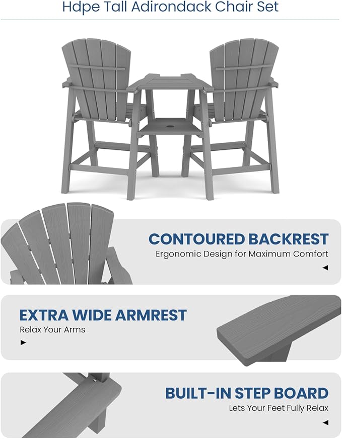 Ciokea Tall Adirondack Chairs Set of 2, HDPE Outdoor Adirondack Bar Stools with Double Connecting Tray - Photo 6