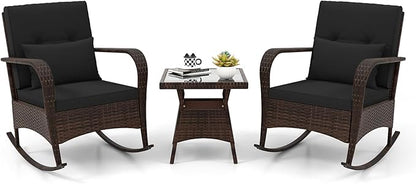 ORALNER 3 Pieces Patio Furniture Set, Outdoor Wicker Rocking Chairs with Cushions, Pillows, Glass Coffee Table, Rattan Bistro Rocker Set for Balcony Front Porch Poolside Garden Deck Yard (Black)