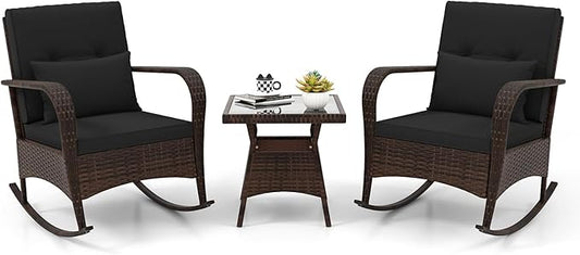 ORALNER 3 Pieces Patio Furniture Set, Outdoor Wicker Rocking Chairs with Cushions, Pillows, Glass Coffee Table, Rattan Bistro Rocker Set for Balcony Front Porch Poolside Garden Deck Yard (Black)