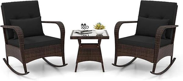 ORALNER 3 Pieces Patio Furniture Set, Outdoor Wicker Rocking Chairs with Cushions, Pillows, Glass Coffee Table - Photo 1