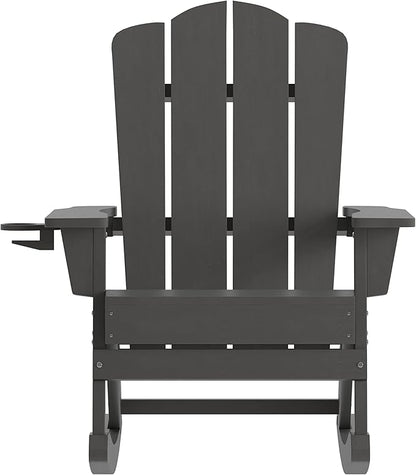 Flash Furniture Newport Adirondack Rocking Chair with Cup Holder, Weather Resistant Poly Resin Adirondack Rocking Chair, Gray, Set of 1
