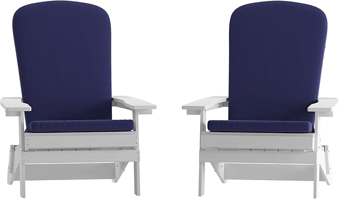 Flash Furniture Charlestown Folding Adirondack Chairs Poly Resin Frame-All-Weather Cushions-Indoor/Outdoor Use, Set of 2, White/Blue