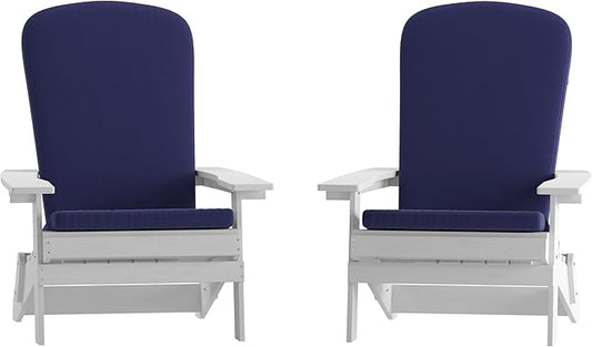 Flash Furniture Charlestown Folding Adirondack Chairs Poly Resin Frame-All-Weather Cushions-Indoor/Outdoor Use, Set of 2, White/Blue