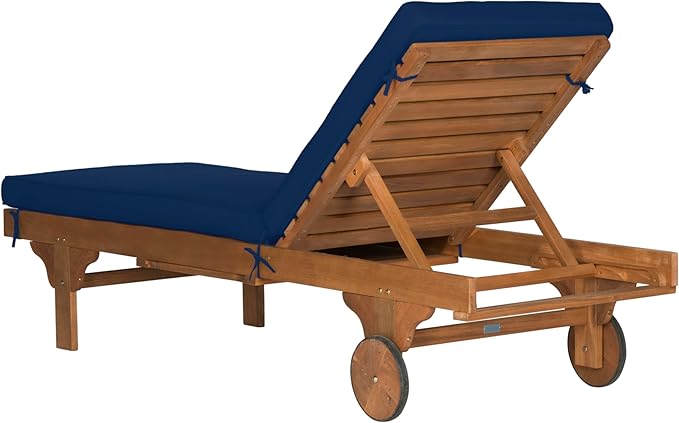 SAFAVIEH Outdoor Collection Newport Natural/ Navy Cushion Built-in Side Table Adjustable Chaise Lounge Chair
