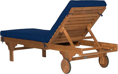 SAFAVIEH Outdoor Collection Newport Natural/ Navy Cushion Built-in Side Table Adjustable Chaise Lounge Chair
