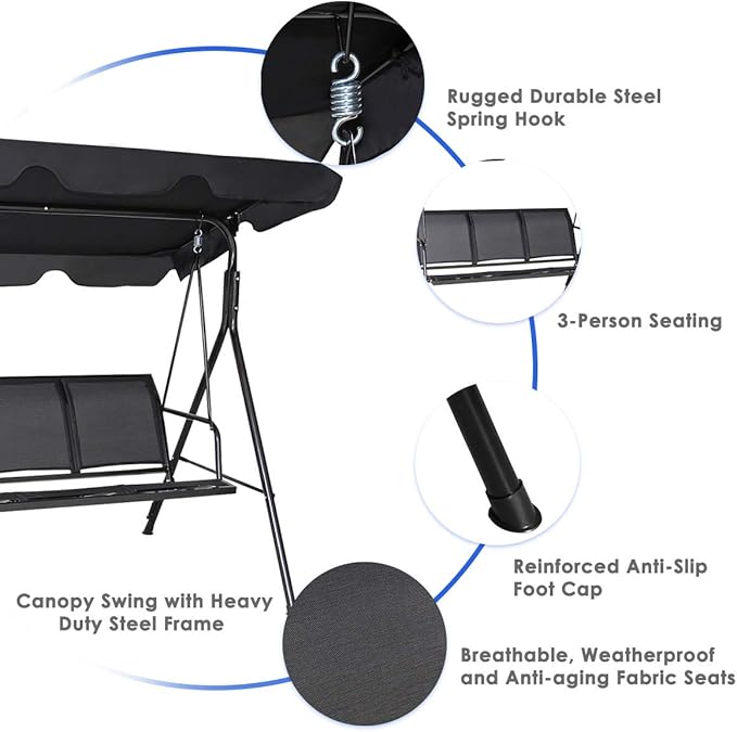 TANGKULA 3 Person Patio Swing, Steel Frame with Polyester Angle Adjustable Canopy, All Weather Resistant Swing Bench - Photo 6