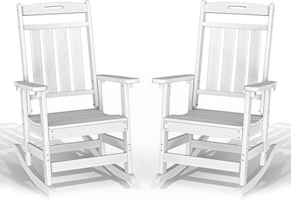 Plawdlik Oversized Outdoor Rocking Chairs 2 Pack - All-Weather HDPE Heavy Duty Patio Rockers with High Back - Modern Style for Porch, Garden - White