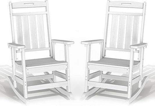 Plawdlik Oversized Outdoor Rocking Chairs 2 Pack - All-Weather HDPE Heavy Duty Patio Rockers with High Back - Modern Style for Porch, Garden - White