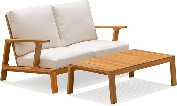 Idzo Jasper Solid Acacia Wood Loveseat Patio Set with Beige Cushions & Coffee Table – Modern Outdoor Furniture for - Photo 2