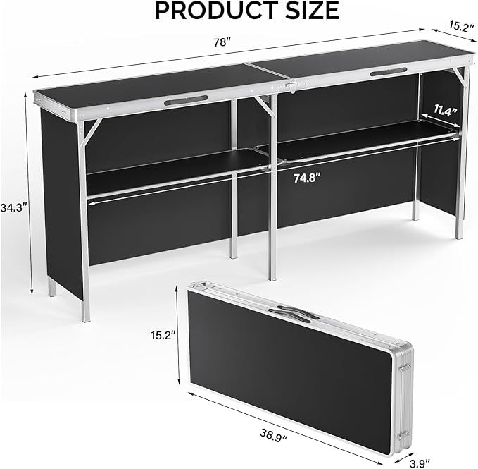VINGLI 43" Portable Bar Table, 3-Tier Shelves, Carry Bag，Mobile Bar Table for Events, Party, Camping, Picnic, Tradeshow - Photo 3