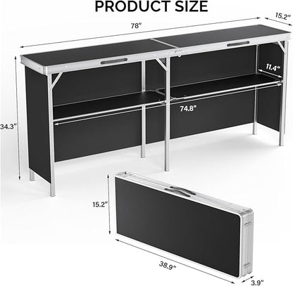 VINGLI 43" Portable Bar Table, 3-Tier Shelves, Carry Bag，Mobile Bar Table for Events, Party, Camping, Picnic, Tradeshow, Outdoor & Indoor with Black Skirt(2, 43") (2) (Black-1P, 78")