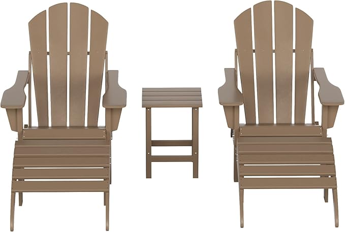 WestinTrends Malibu Outdoor Lounge Chairs Set, 5-Pieces Adirondack Chair Set of 2 with Ottoman and Side Table, All Weather Poly Lumber Patio Lawn Folding Chair for Outside, Weathered Wood