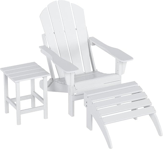 WO Home Furniture 3pc Set - HDPE Poly Adirondack Chair with Ottoman/Footrest and Square Side Table, All Weather and UV Resistant for Outdoor Patio Backyard, Garden, White