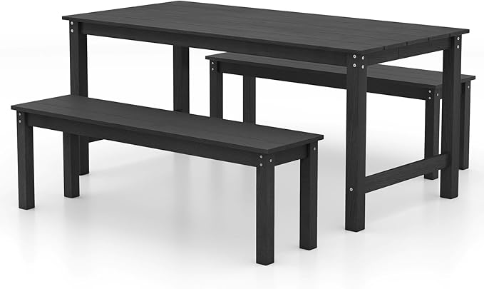 Tangkula 3 Pieces Outdoor HDPE Dining Table Set with 2 Benches, Weather Resistant Patio Furniture Set with 1.77” Umbrella Hole and Wood-Like Surface for Garden, Backyard and Poolside (Black, 3 Pcs)