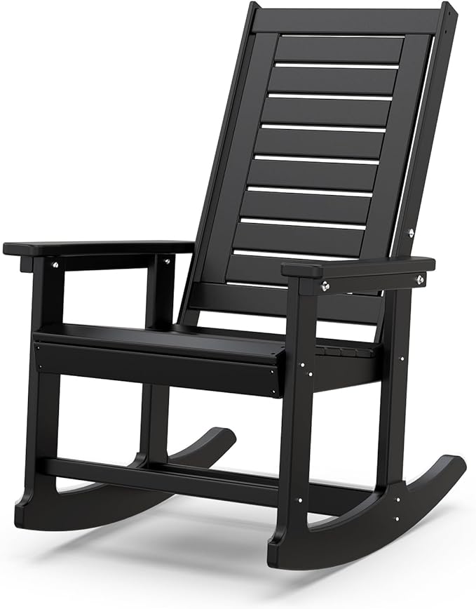 IVY&LANE Rocking-Chair-Outdoor | Porch-Rocker | Black | HDPE Plastic | All-Weather | High Back | Wide Seat | Oversized Patio Rocker for Adult | for Outside Deck Balcony Garden
