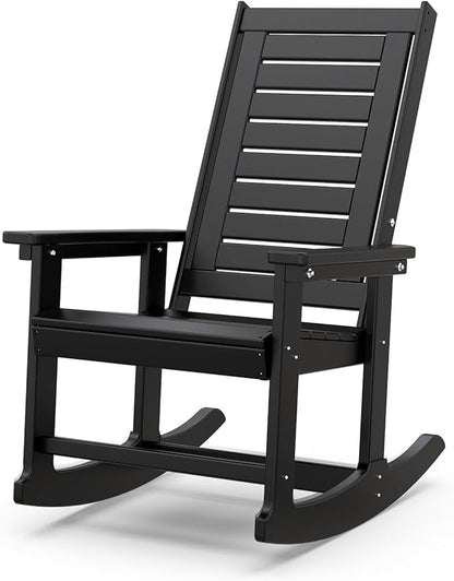 IVY&LANE Rocking-Chair-Outdoor | Porch-Rocker | Black | HDPE Plastic | All-Weather | High Back | Wide Seat | Oversized Patio Rocker for Adult | for Outside Deck Balcony Garden