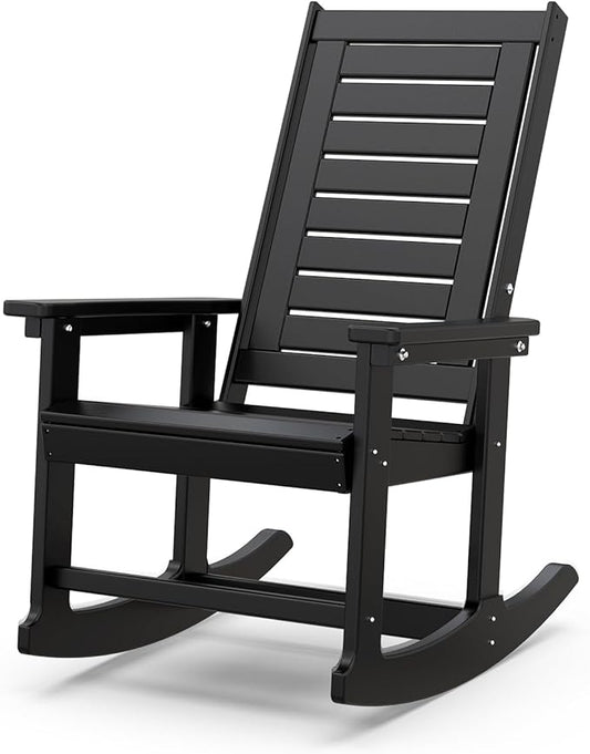 IVY&LANE Rocking-Chair-Outdoor | Porch-Rocker | Black | HDPE Plastic | All-Weather | High Back | Wide Seat | Oversized Patio Rocker for Adult | for Outside Deck Balcony Garden