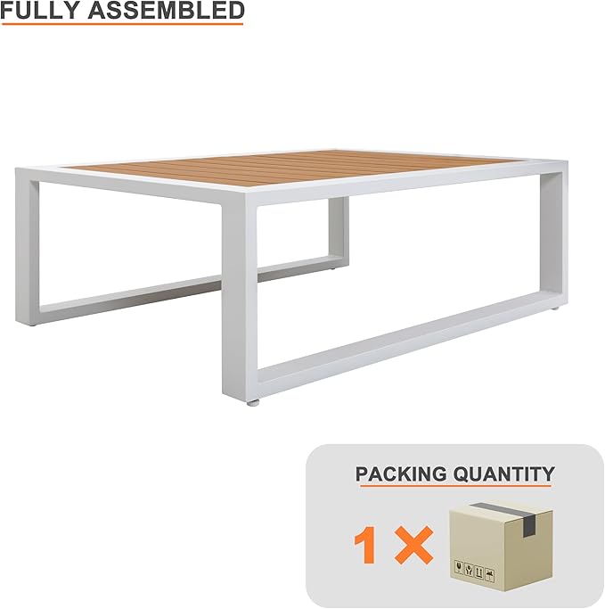 NUU GARDEN Outdoor Rectangle Coffee Table, Powder-Coated Aluminum Frame, 40'' x 15'' Slatted Imitation Wood Tabletop, for Patio, Garden, Backyard and Balcony, White