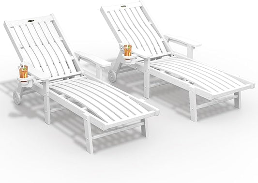 THOEOE Patio Chaise Lounge Chair Set of 2, Oversized Lounge Chair Outdoor with 5 Positions, HDPE, Patio Lounge Chair with Wheels & Cup Holder for Pool, Deck, Poolside,White